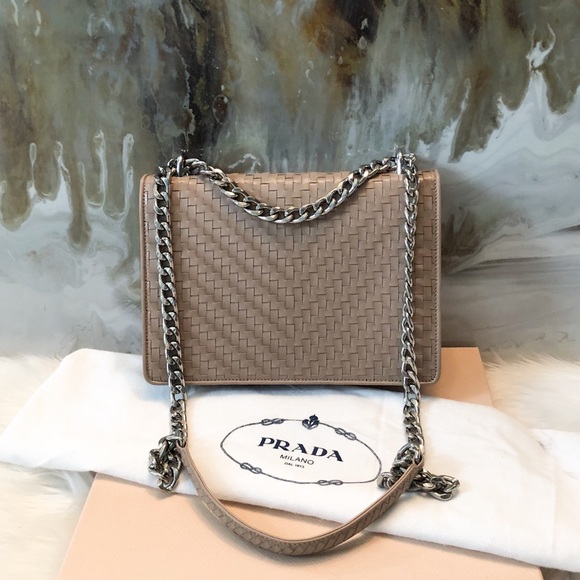 Prada Madras Woven Leather Chain Flap Bag Cammeo - Picture 4 of 8